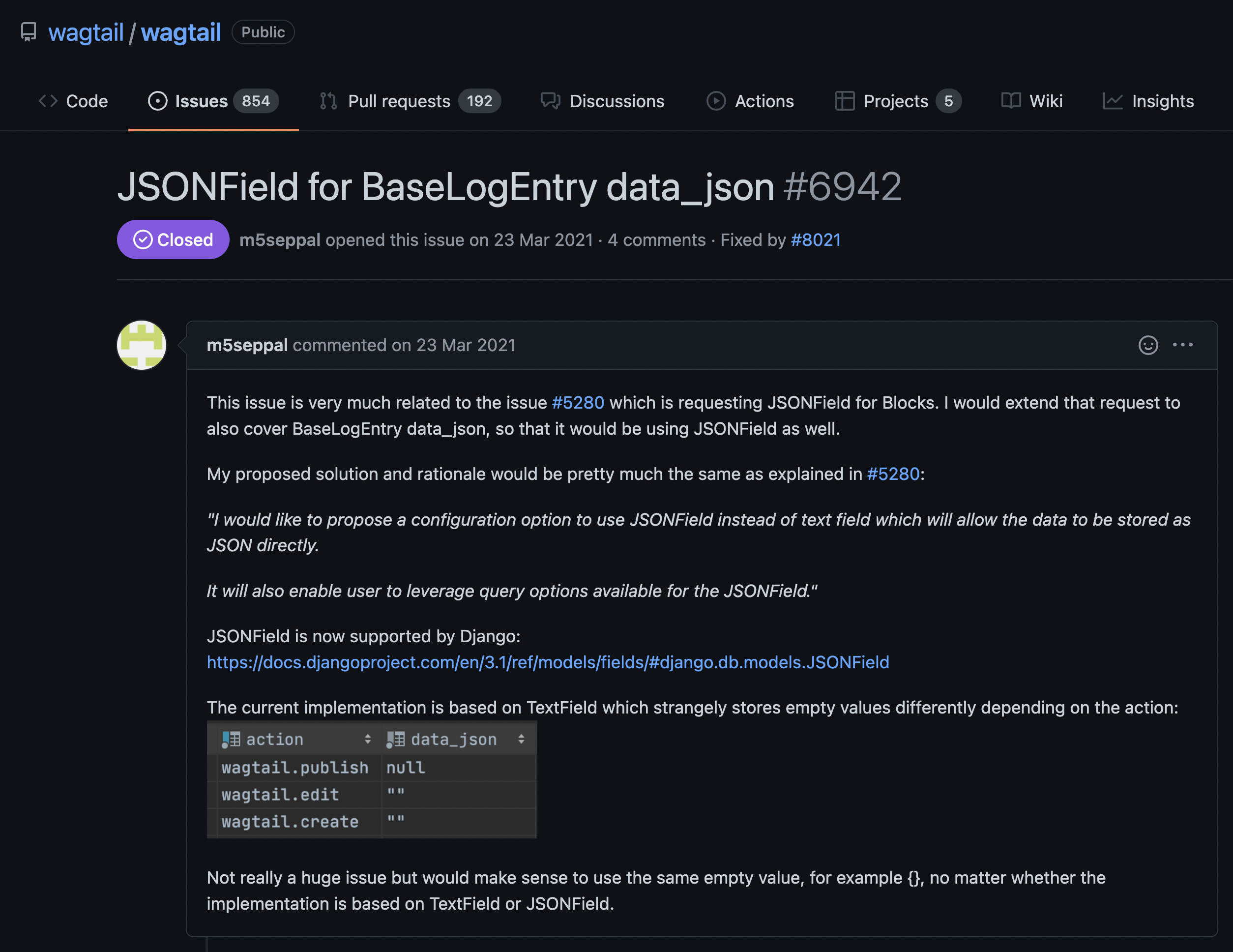 Issue #6942 on Wagtail, requesting BaseLogEntry to use JSONField